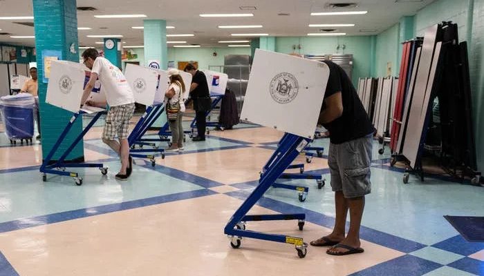People voting in individual booths at a polling station