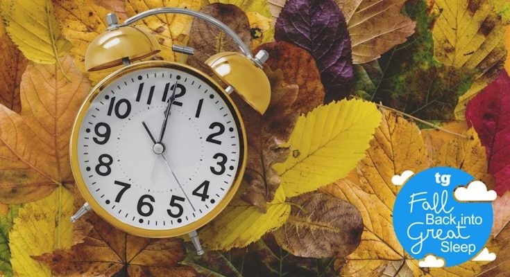 A yellow alarm clock lying amongst autumn leaves with a blue 'Fall Back into Sleep' Tom's Guide logo.
