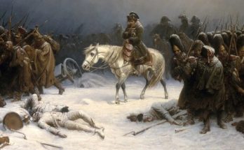 A painting of Napoleon's army retreating in the winter with dead bodies on the snowy ground.