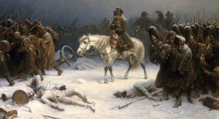 A painting of Napoleon's army retreating in the winter with dead bodies on the snowy ground.