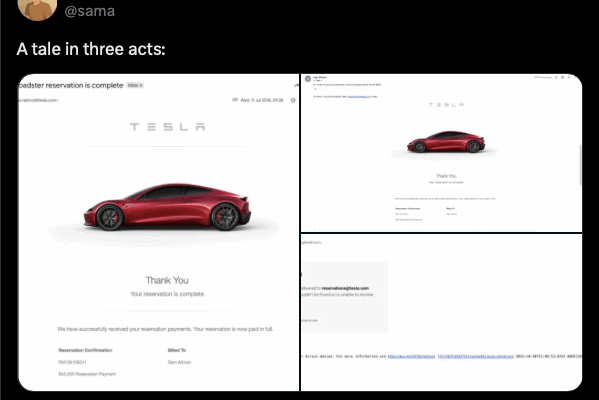 A screenshot of Sam Altman's X posts about cancelling his car