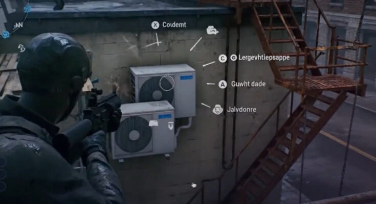 A screengrab of videogame footage generated by AI shows nonsense options and symbols.